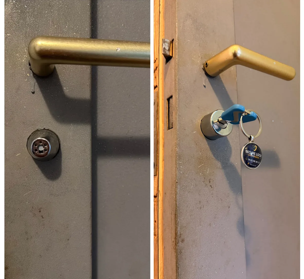 Before and after a cylinder replacement on a metal door
